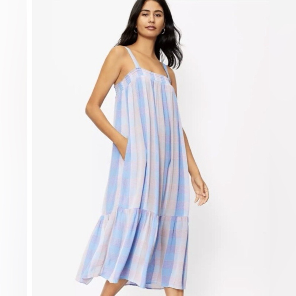 LOFT Blue and Purple Smocked Plaid Dress